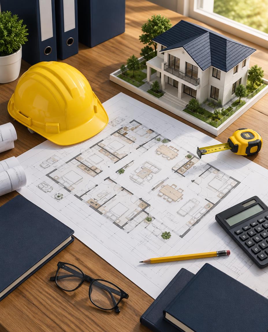 Architectural blueprint of a shared house on a desk with a scale model, yellow hard hat, measuring tape, calculator, and navy folders