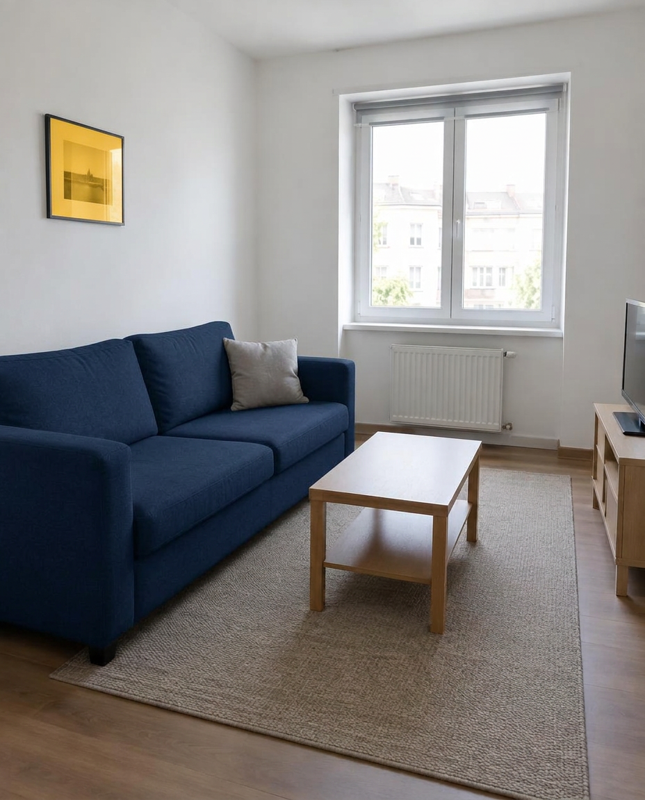 Simple coliving living room with a navy blue sofa, yellow artwork, wooden coffee table and natural light