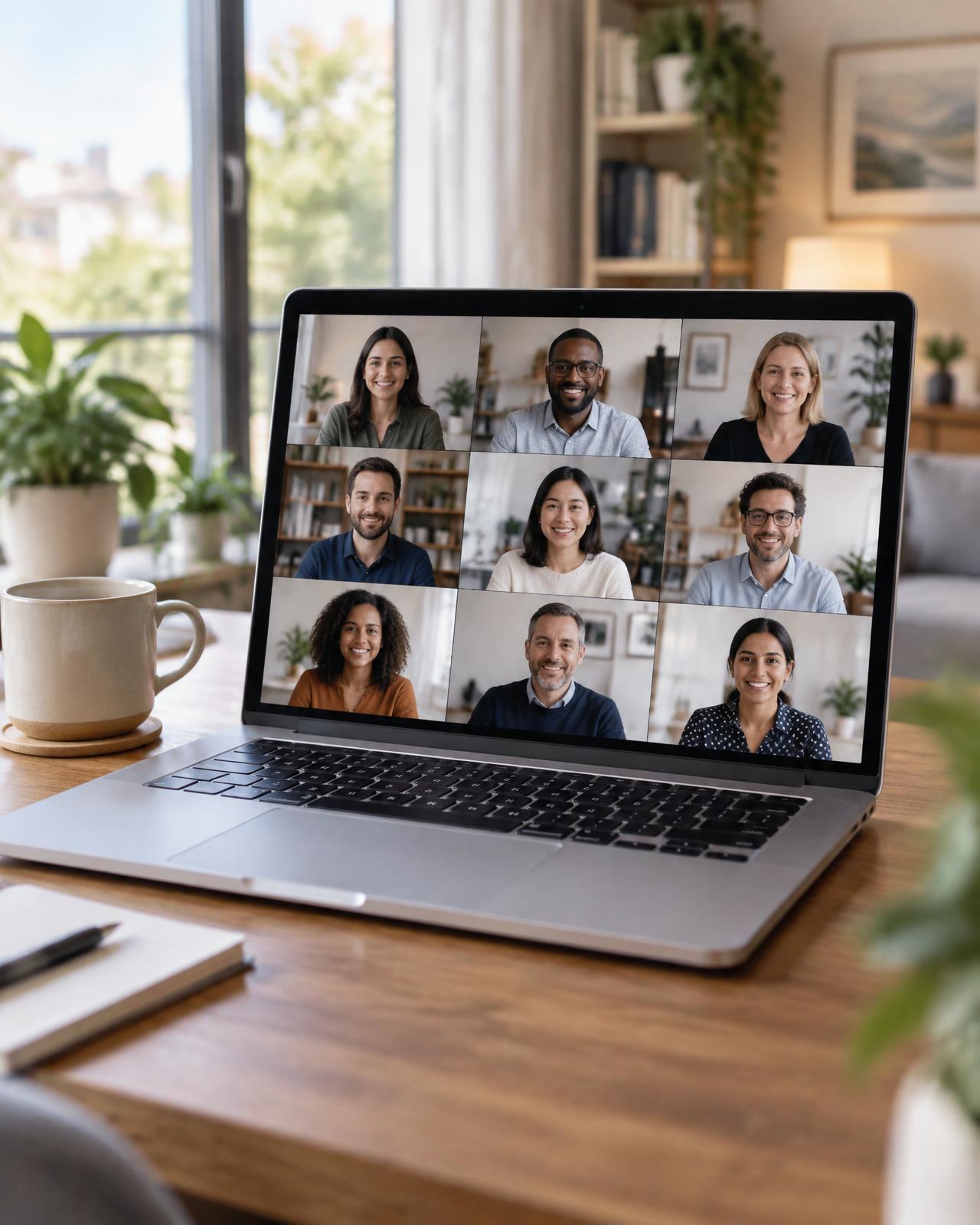 Open laptop on a wooden table showing an online meeting with nine participants in a grid