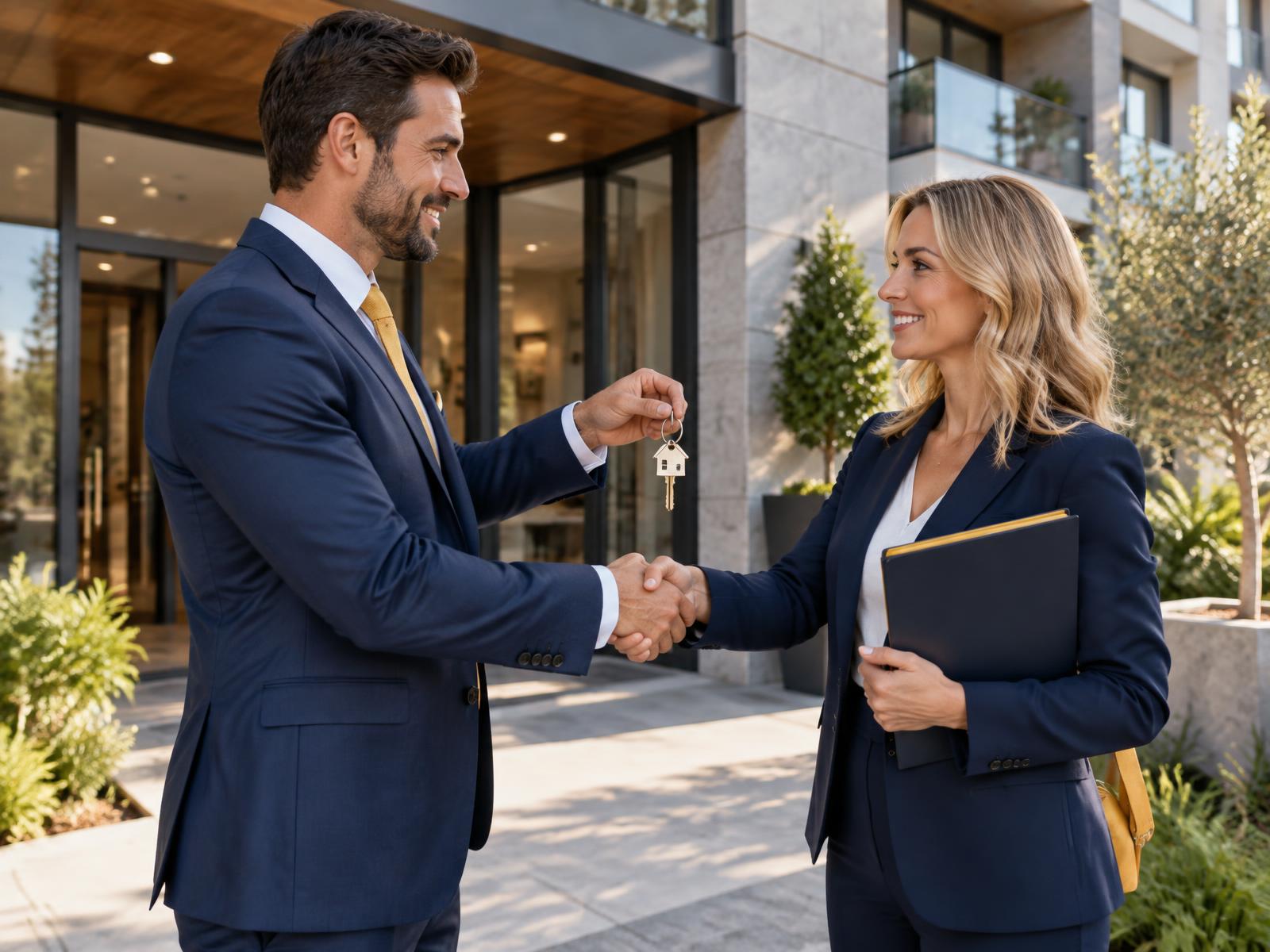 Investor and developer closing a property deal in front of a residential building
