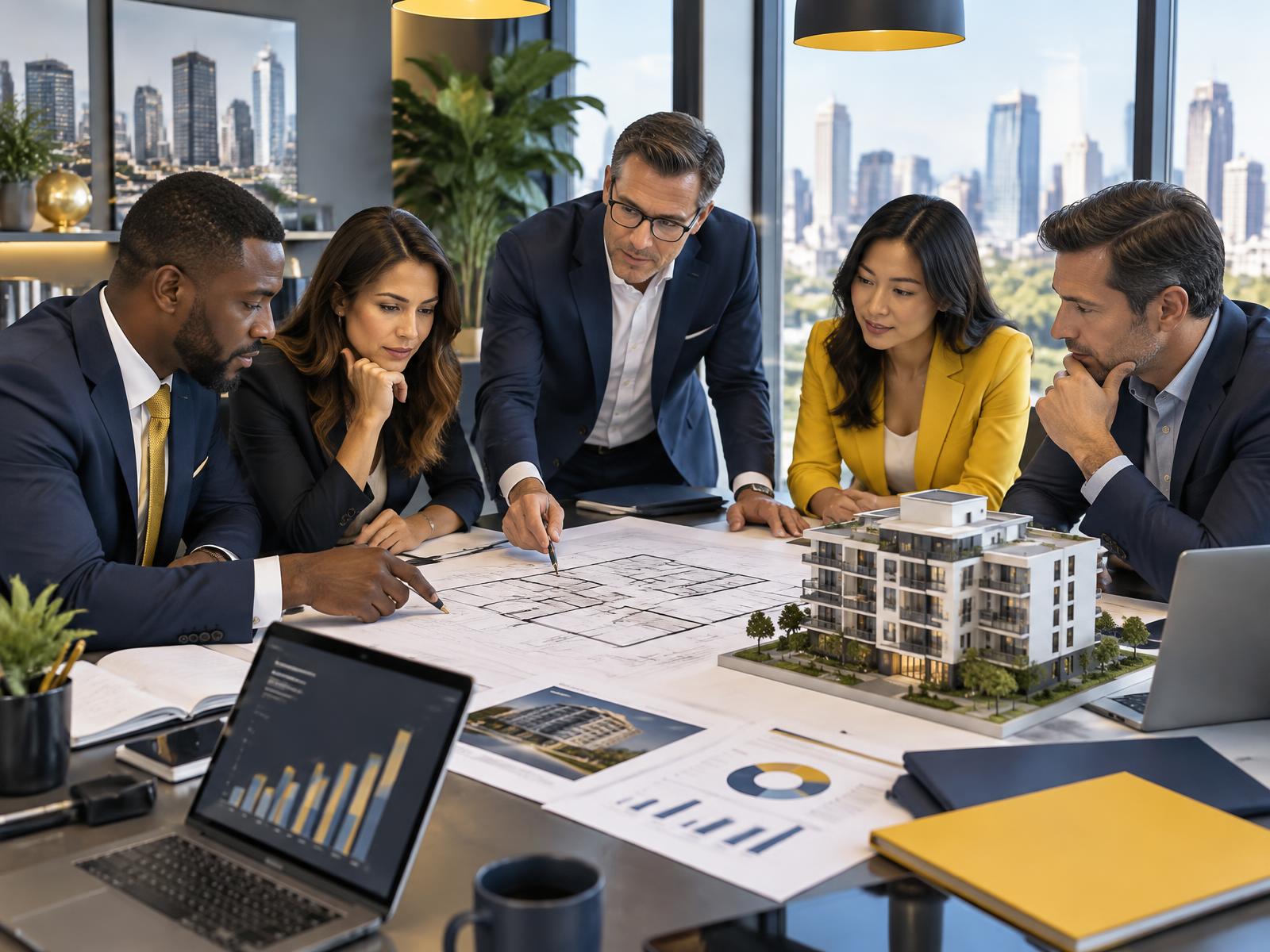 Real estate investors reviewing property plans and a residential building model