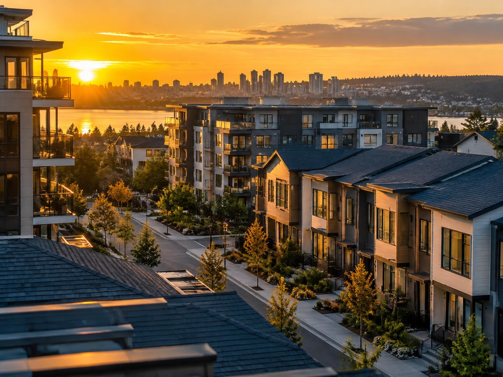 Elevated view of a residential neighborhood at sunset