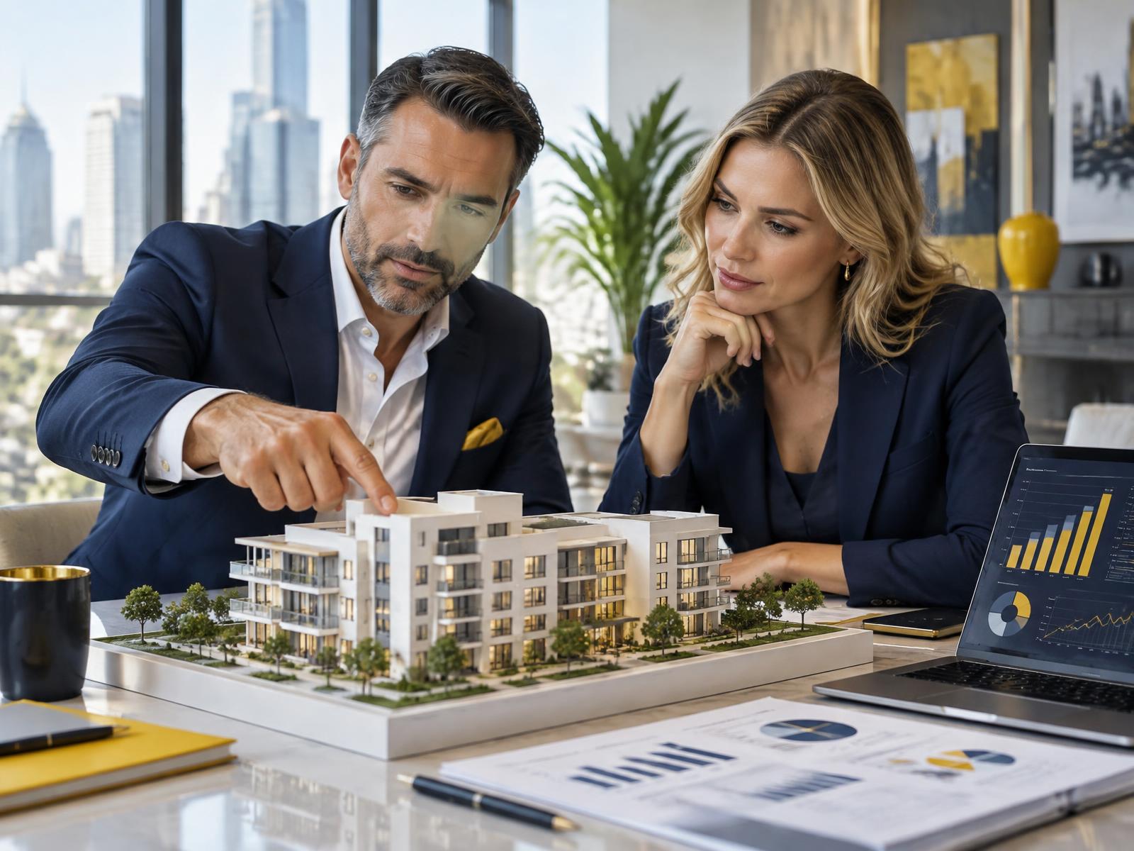 Investors analyzing a scale model of a residential development