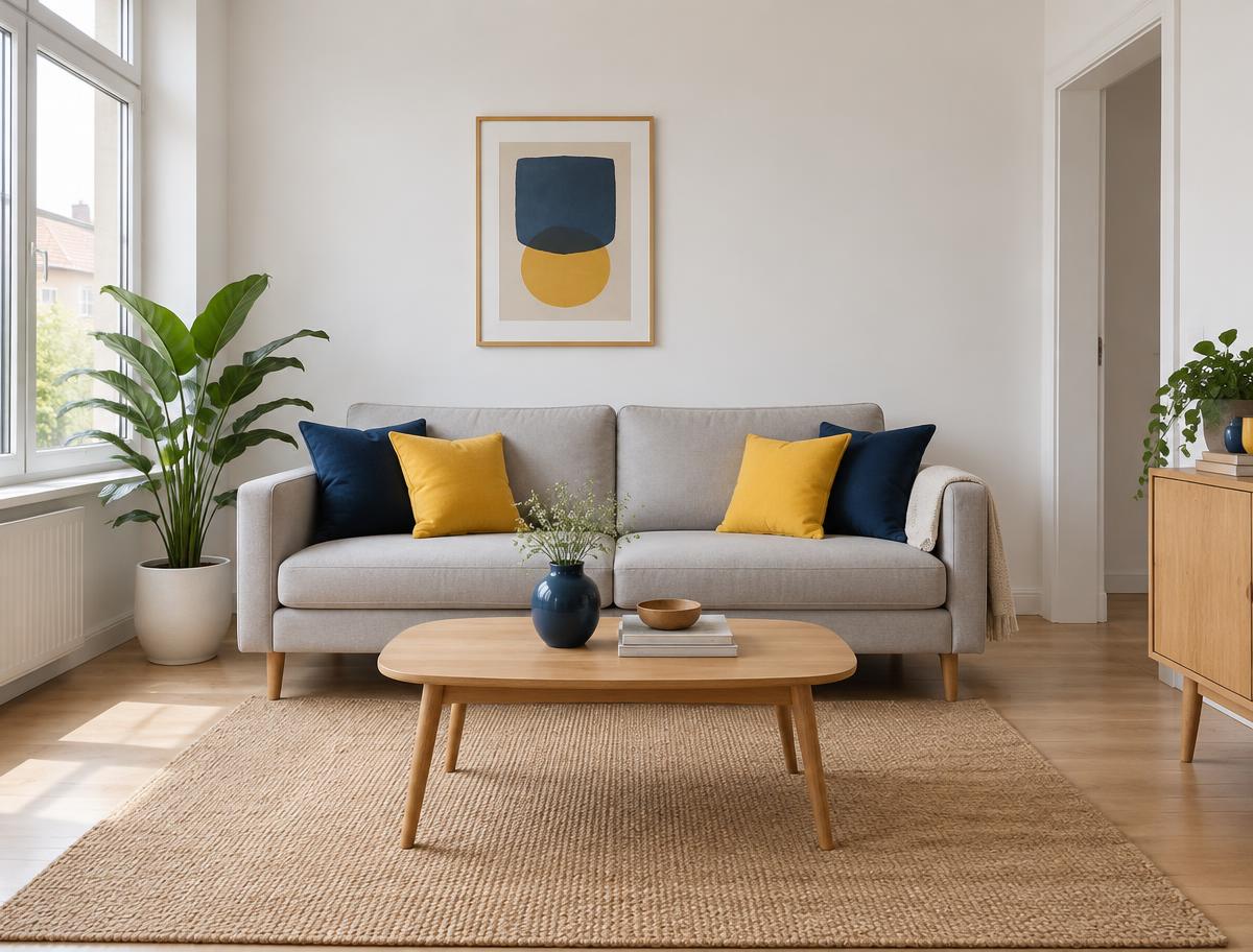 Shared living and dining area of a simple coliving home with private bedroom doors along the corridor